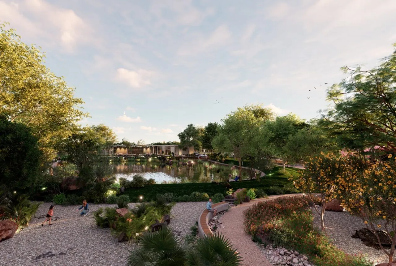 Lago Zen con senderos y jardinería
