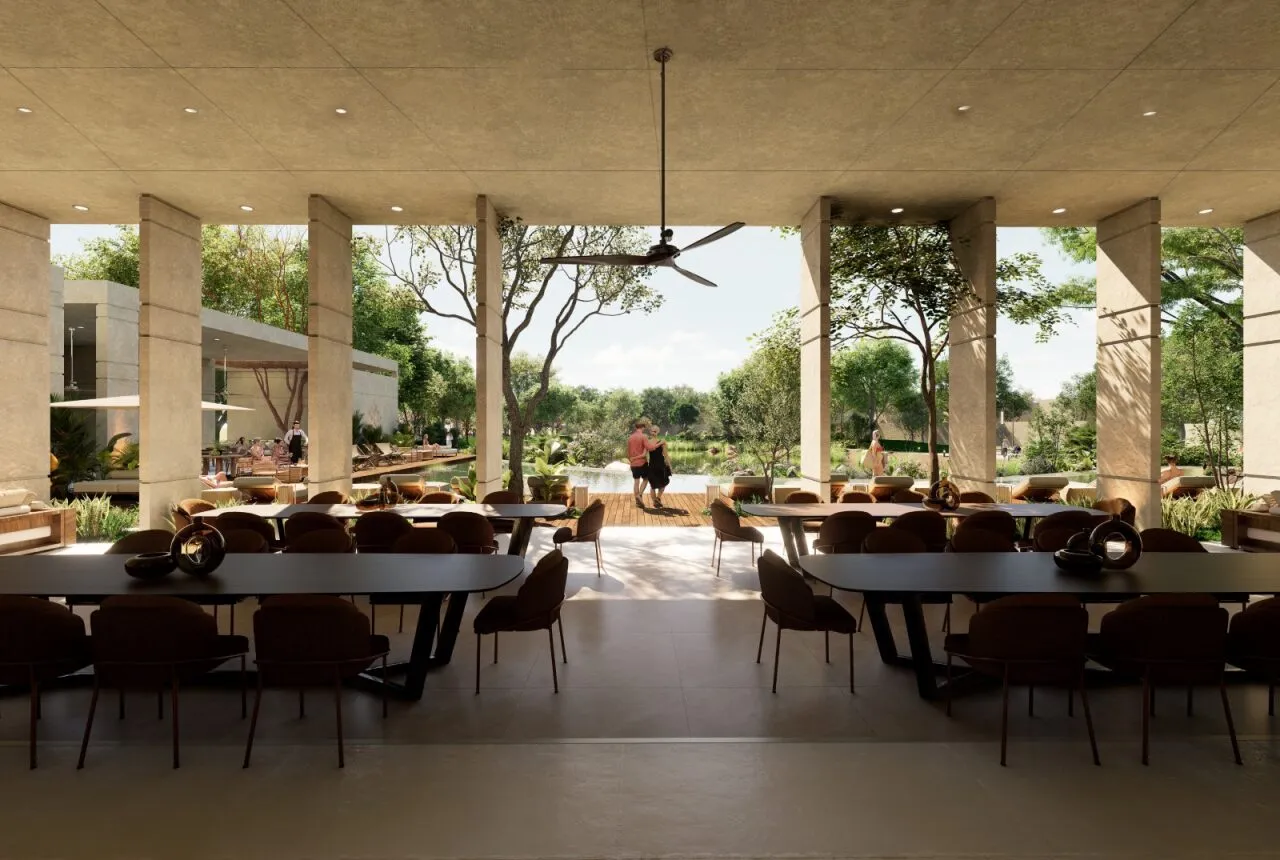 Terraza comedor de la casa club, abierta al lago